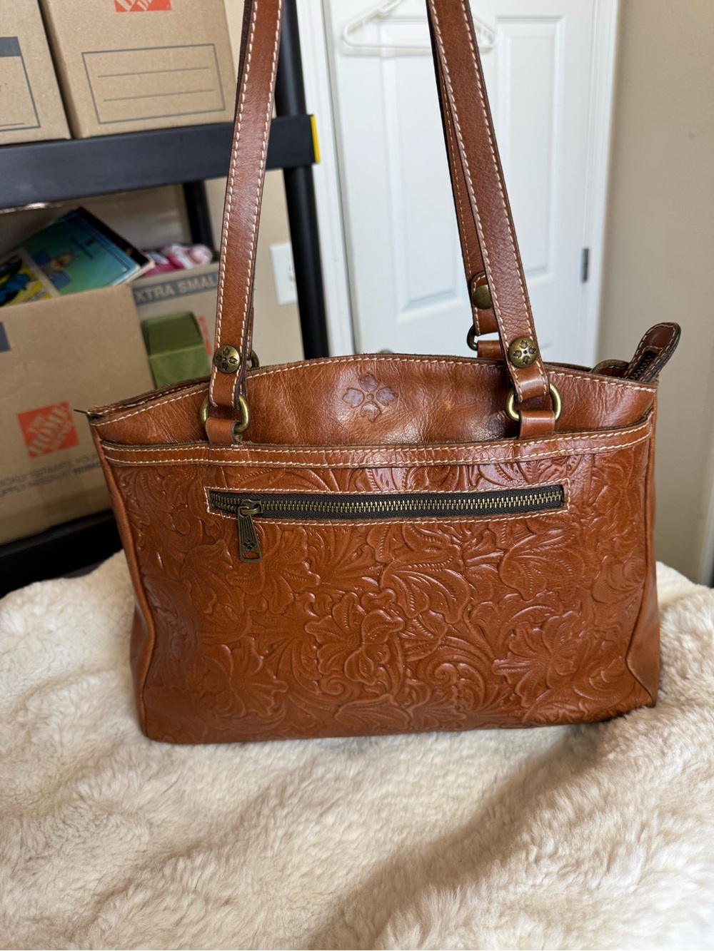 Patricia Nash Embossed Floral Shoulder Bag - Cognac Brown